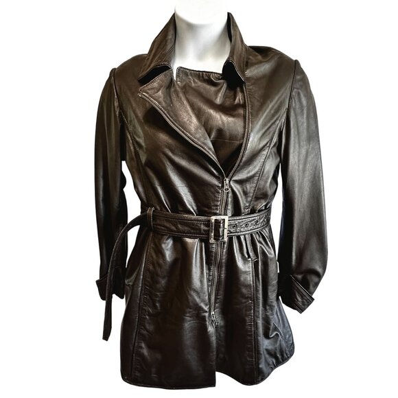 Bod & Christensen Brown Leather Jacket Trench Coat Asym Zip Belted Womens XL - Picture 2 of 16